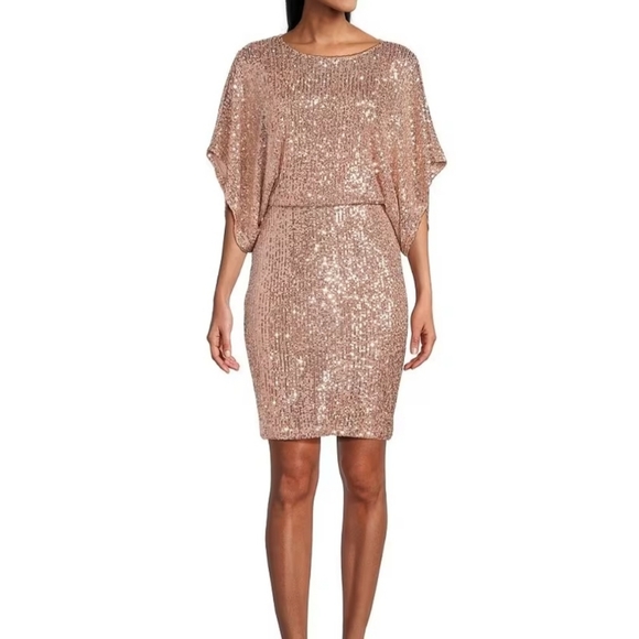 MARINA Dresses & Skirts - Euc Allover Sequin Boat Neck 3/4 Dolman Sleeve Blouson Sheath Dress Size 14